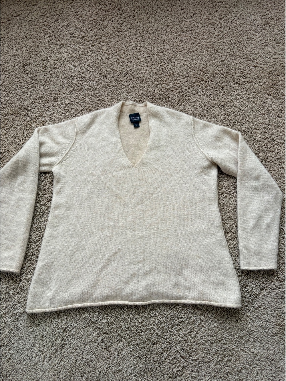 Eileen Fisher rolled V neck sweater Cashmere beige Small quiet soft minimalist